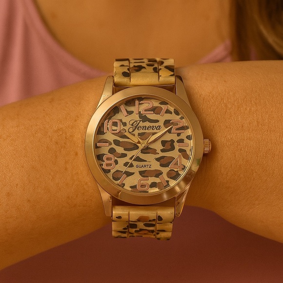 Geneva Gold and Brown Leopard Print Watch - Picture 1 of 5